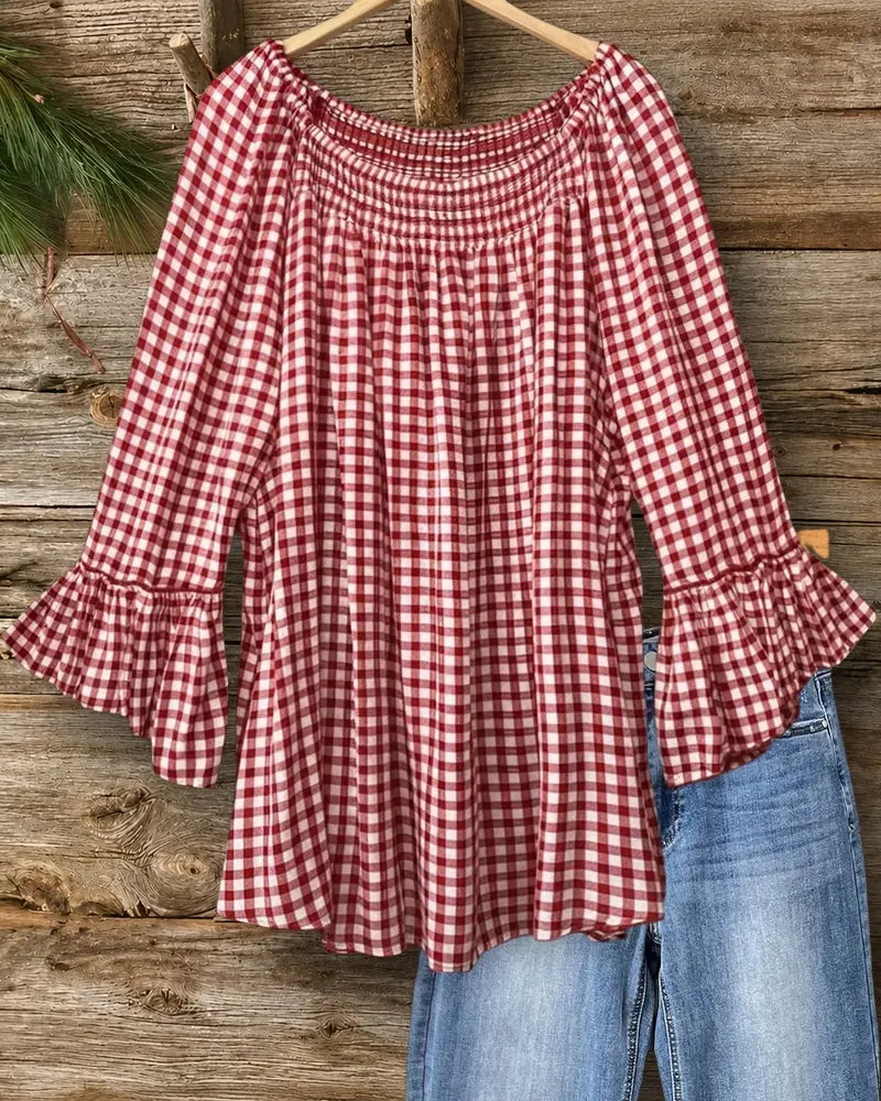 Off Shoulder Smocked Neck Gingham Flare Sleeve Flowy Blouse