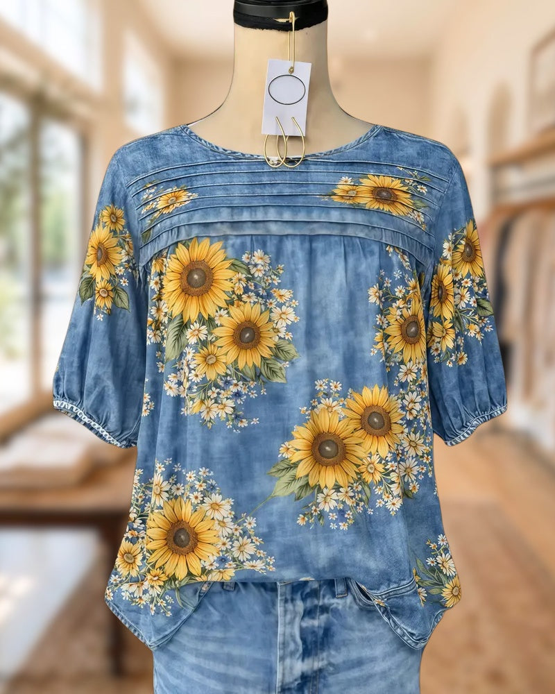 Sunflower Print Retro Round Neck Pleated Detail Blouse