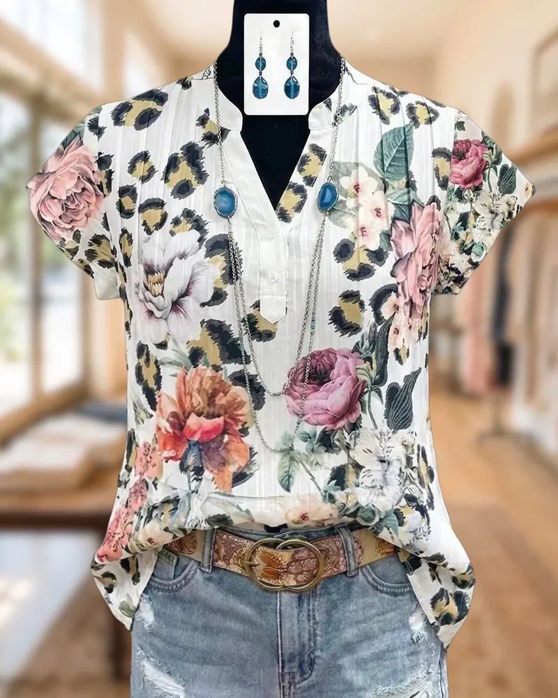 Mixed Print V Neck Short Sleeve Pleated Casual Blouse
