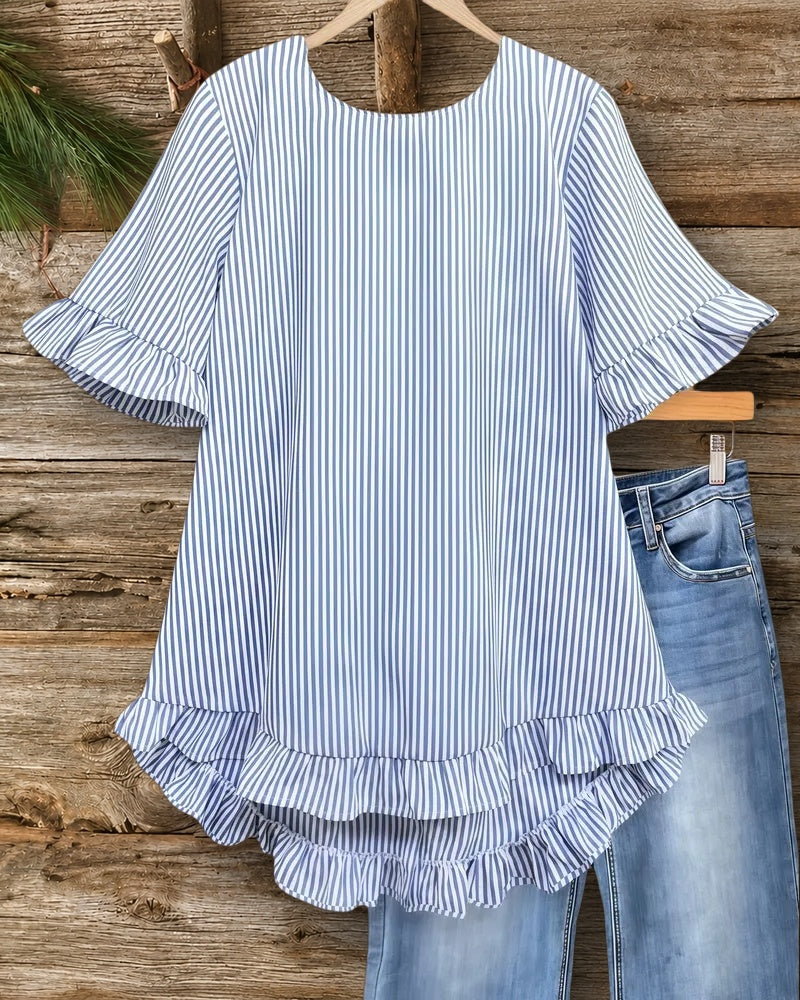 Striped Round Neck Urban Ruffled Blouse