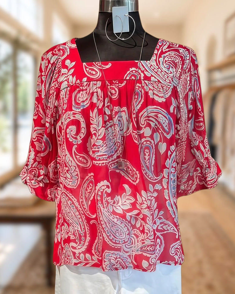 Paisley Print Feminine Square Collar Ruffle Sleeve Blouse