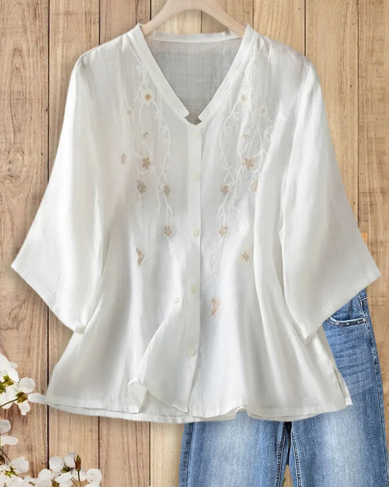 Embroidered V Neck Button Front 3/4 Sleeve Loose Blouse