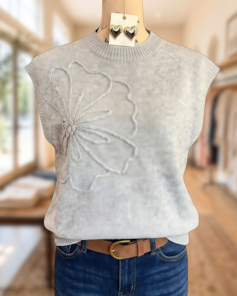 Floral Design Chic Sleeveless Round Neck Sweater
