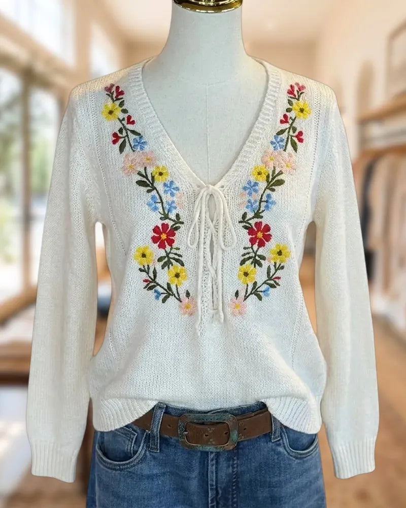 Floral Embroidery Tie Front V Neck Long Sleeve Sweater
