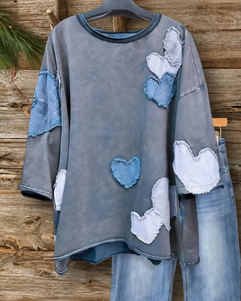 Color Block Heart Applique Unique Drop-Shoulder Blouse