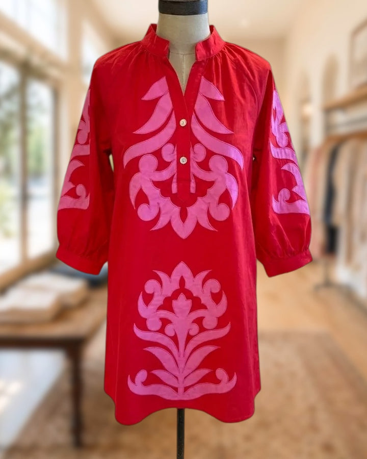 Tribal Embroidered Collared 3/4 Sleeve Casual Shift Shirt Dress