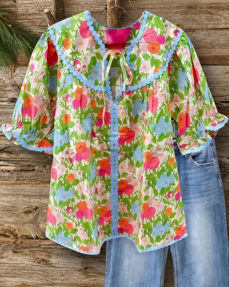 Floral Print Sweet Tie Neck Puff Sleeve Blouse