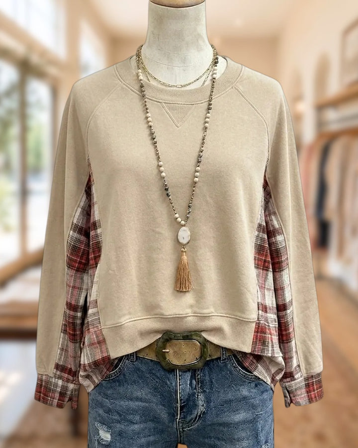 Plaid Contrast Panel Raglan Sleeve Crew Neck Sweatshirt