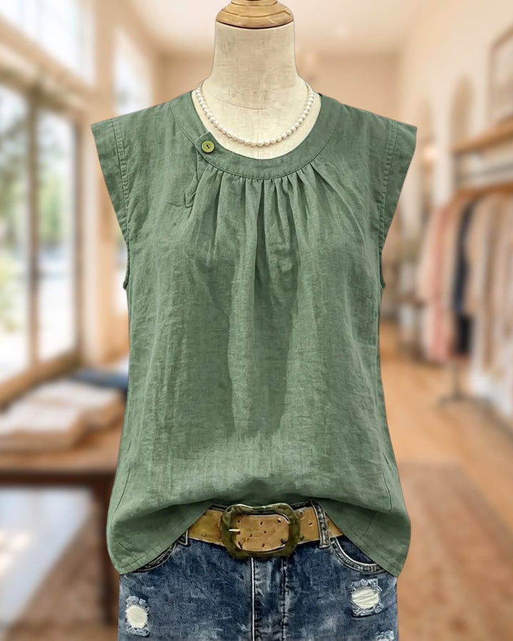 Round Neck Button Accent Cap Sleeve Loose Casual Blouse