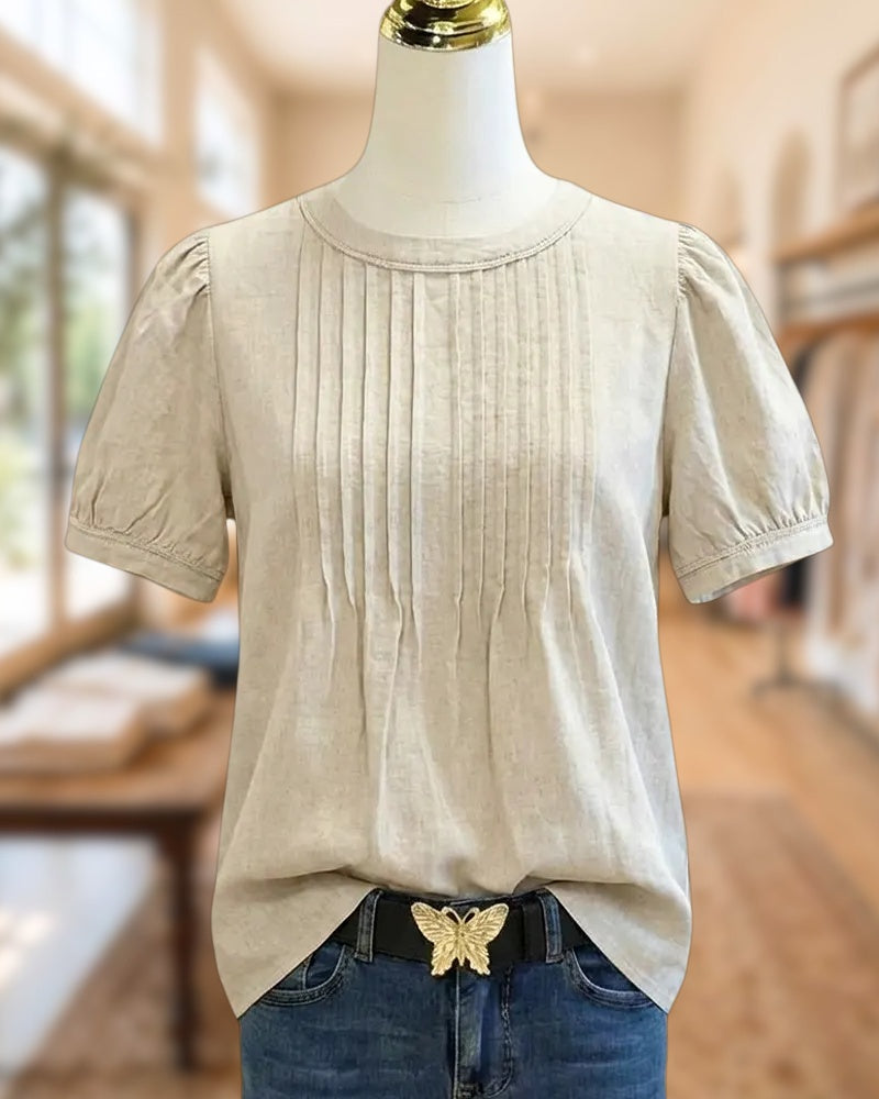 Solid Color Pleated Detail Casual Round Neck Blouse