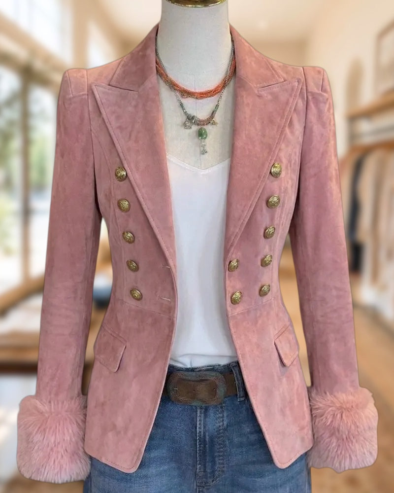 Faux Fur Cuffed Double Breasted Notched Lapel Slim Fit Blazer