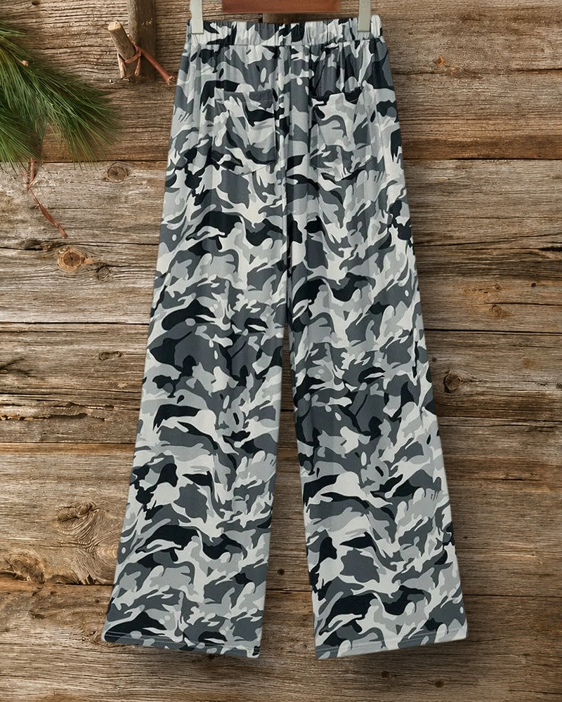 Camouflage Print Drawstring Waist Wide Leg Casual Pants