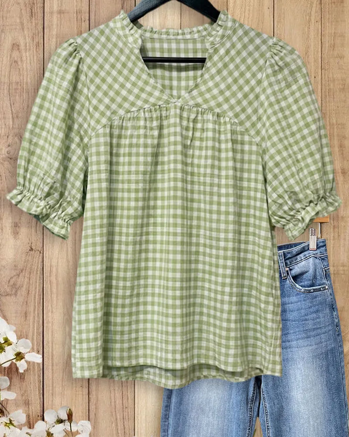 Gingham V Neck Puff Sleeve Ruffled Shirred Casual Blouse