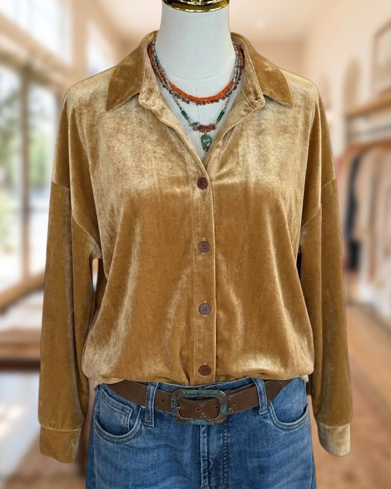 Velvet Button Front Collared Long Sleeve Relaxed Fit Casual Shirt