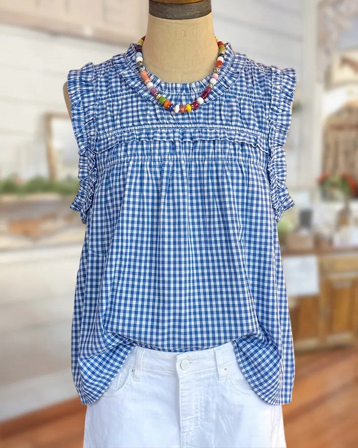 Ruffled Trim Shirred Sleeveless O Neck Gingham Blouse