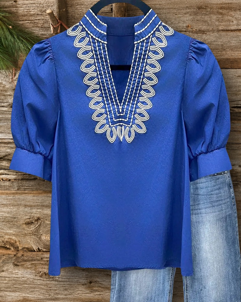 Abstract Embroidery V Neck Feminine T-Shirt