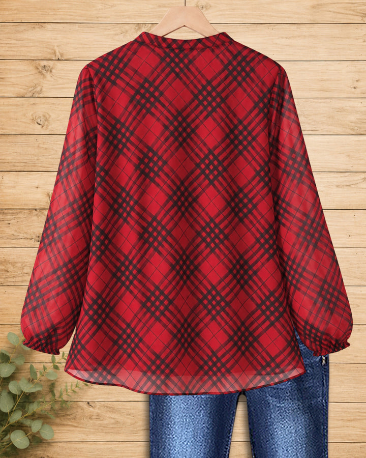 Plaid Print V Neck Long Sleeve Loose Fit Casual Blouse