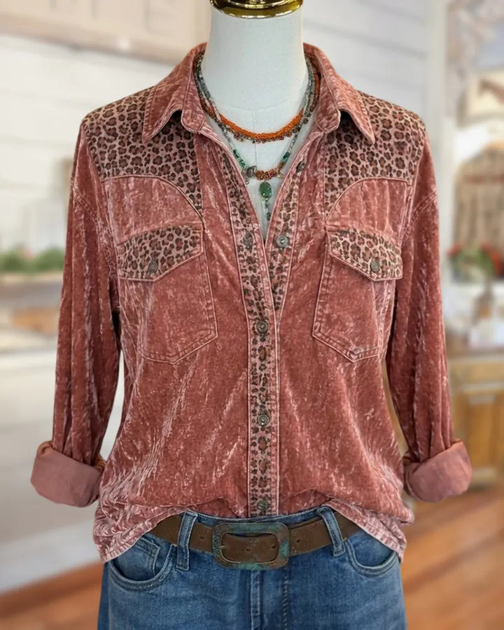 Leopard Patchwork Button Down Chest Pocket Long Sleeve Shirt
