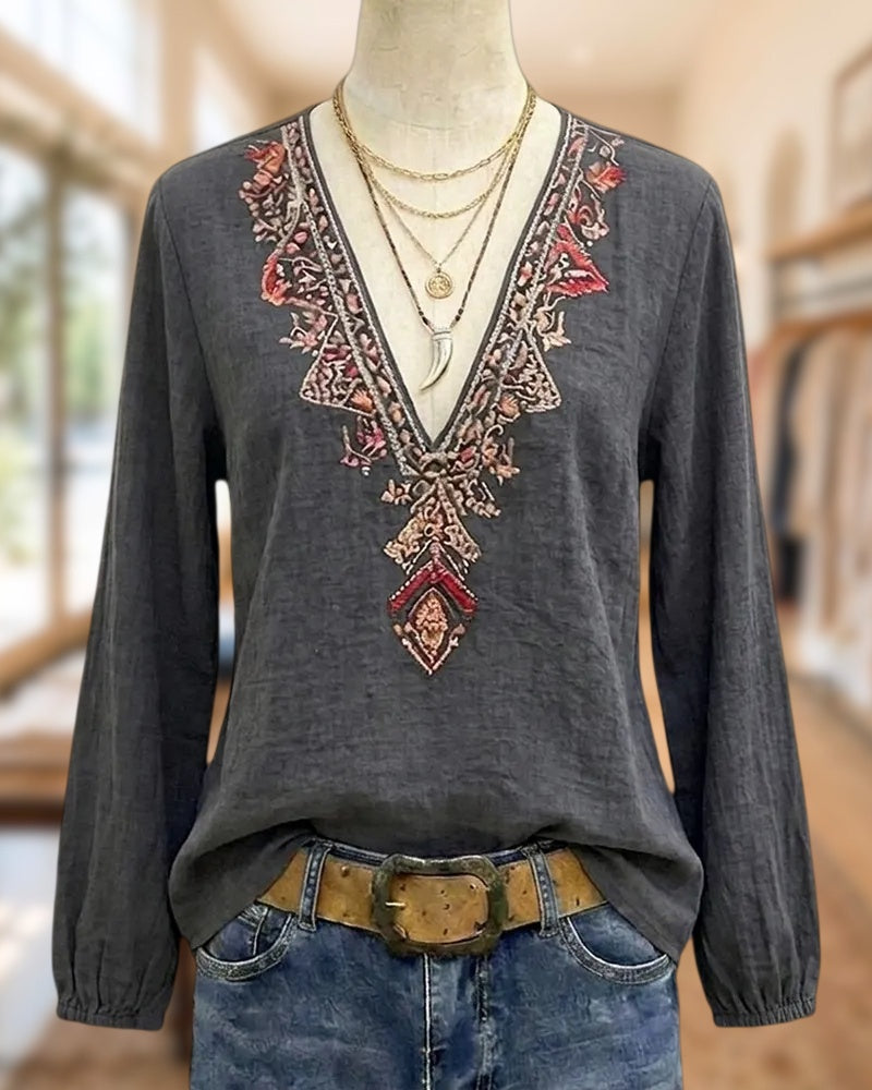V Neck Embroidery Detail Ethnic Long Sleeve Blouse