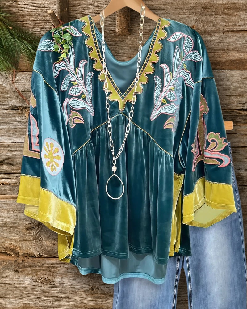 Floral Print Ethnic V Neck Velvet Blouse