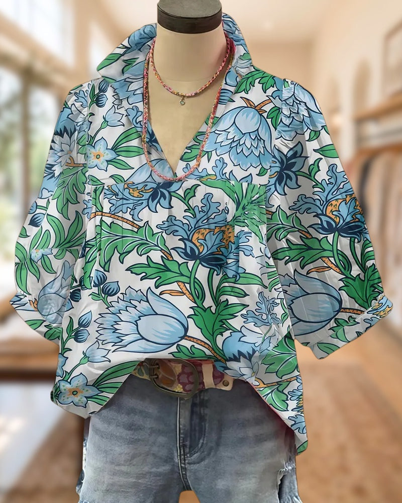 Floral Print Laid Back V Neck T-Shirt