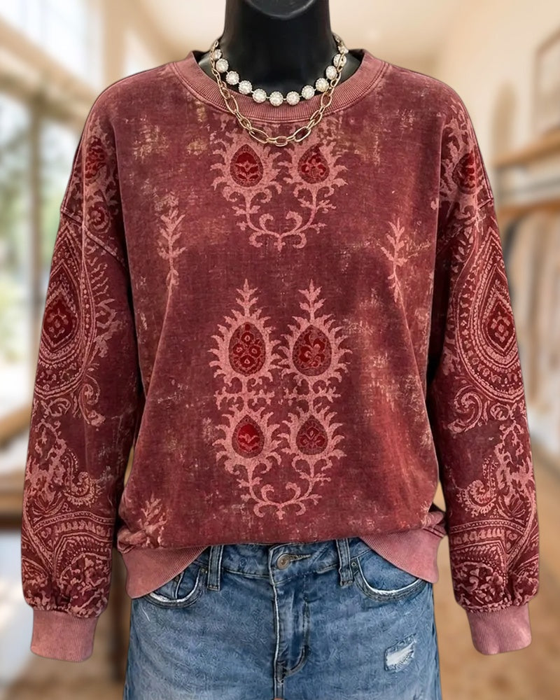 Ethnic Print Crew Neck Long Sleeve Retro Chic Sweatshirt