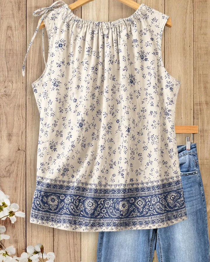 Tie Detail Round Neck Floral Print Sleeveless Tank Top