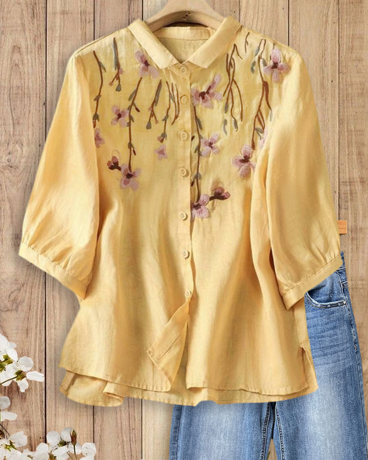 Floral Embroidered Collared Button Front 3/4 Sleeve Blouse