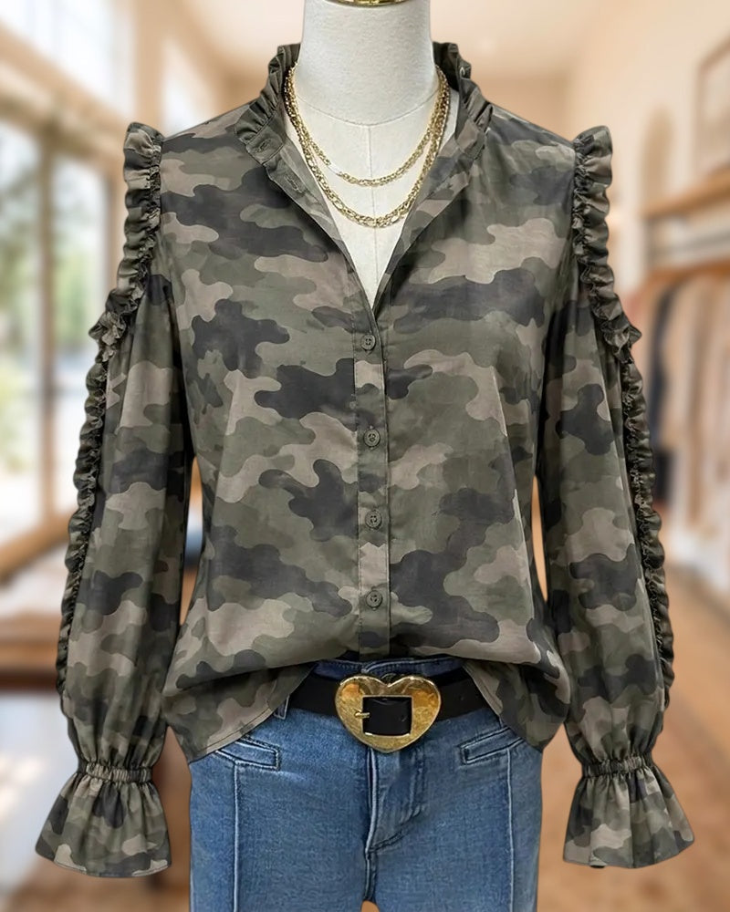 Ruffled Trim Camo Print Button Front Long Sleeve Playful Blouse