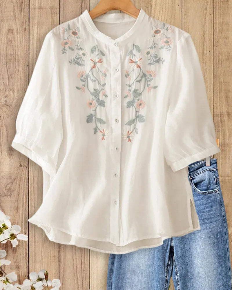 Floral Embroidered Mandarin Collar Half Sleeve Button Down Blouse