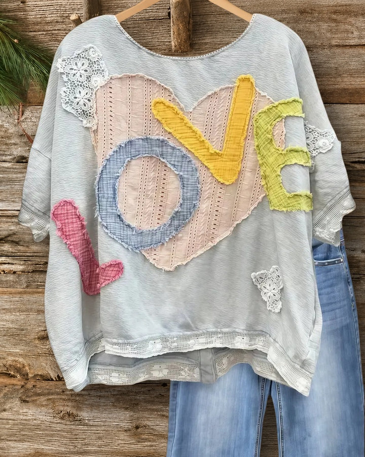 Patchwork Heart & LOVE Applique Stylish Batwing Sleeve Blouse