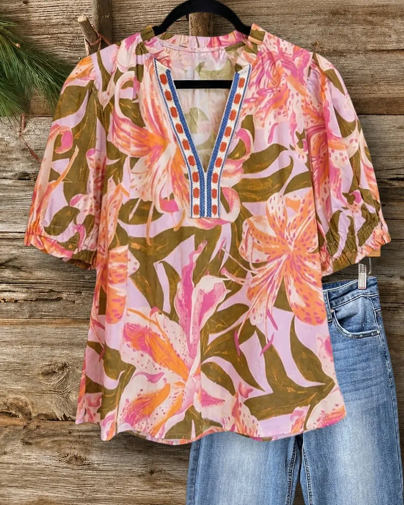 Floral Print Puff Sleeve Contrast Trim V-Neck Loose Blouse