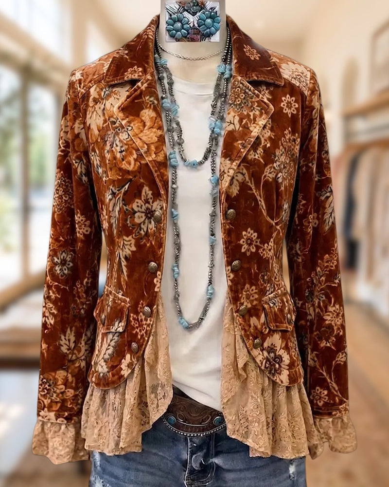 Velvet Lace Trim Lapel Blazer