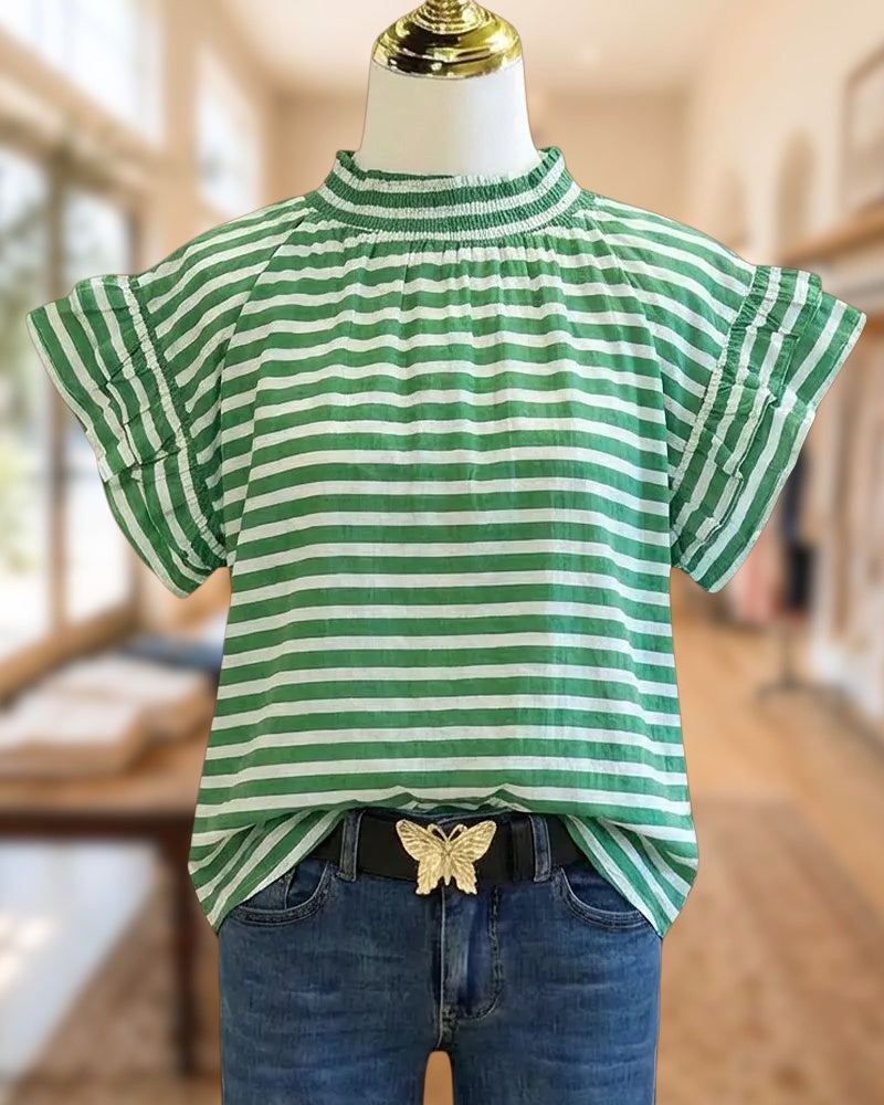 Striped Mock Neck Ruffle Sleeve Urban Blouse