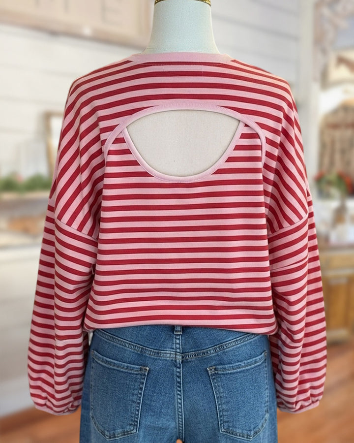 Striped Crew Neck Long Sleeve Loose Ribbed Trim Casual Top