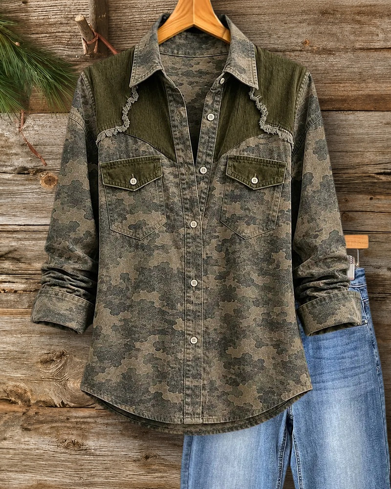 Camo Print Corduroy Patchwork Frayed Long Sleeve Button Down Shirt