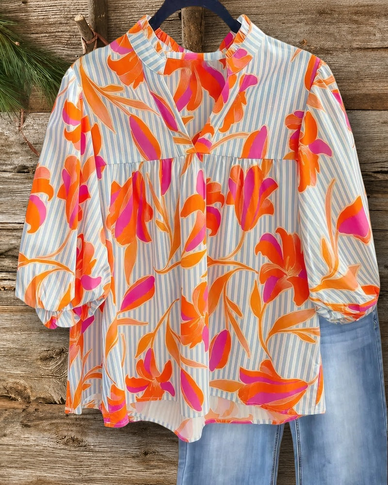Floral Mixed Print Puff Sleeve Versatile Blouse