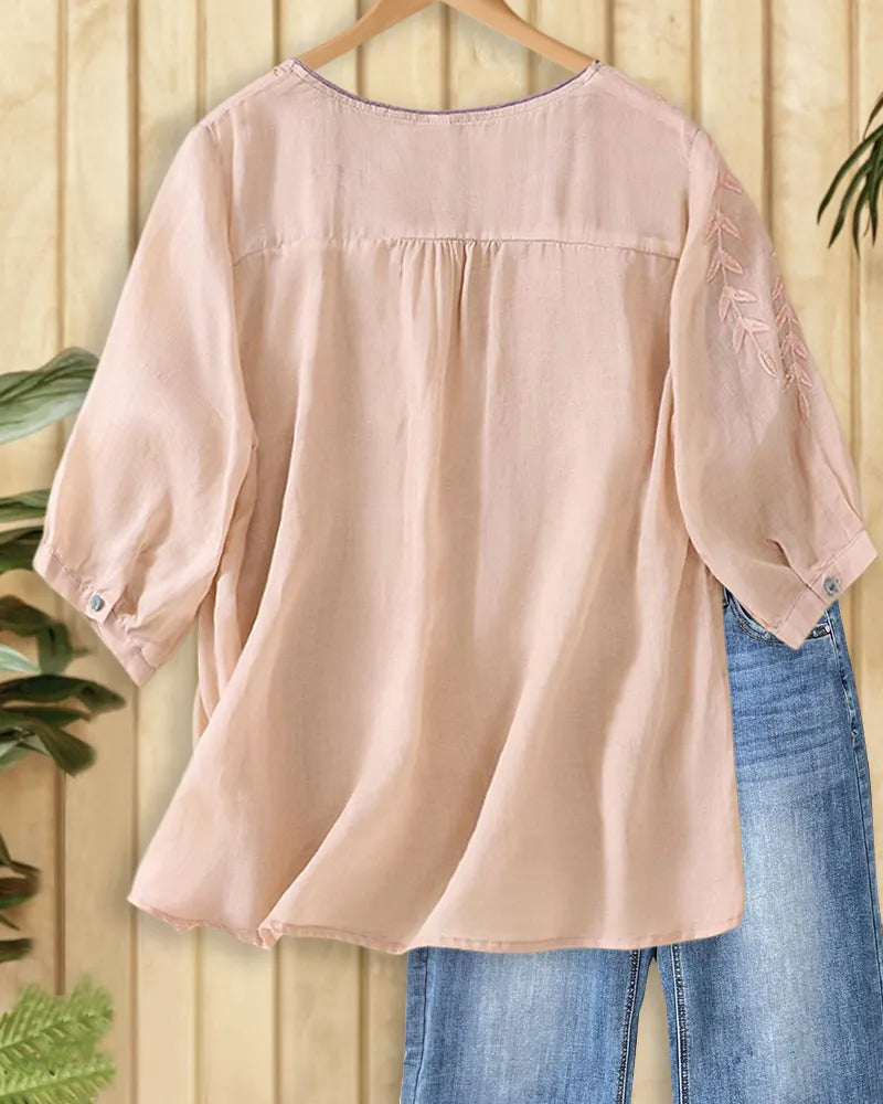 Embroidered Leaf Contrast Trim High Low Hem 3/4 Sleeve Blouse