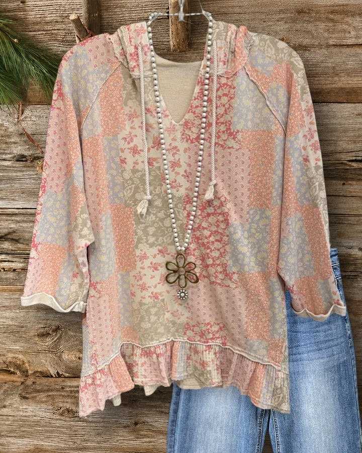 Patchwork Hooded Drawstring Ruffle Hem 3/4 Sleeve Top