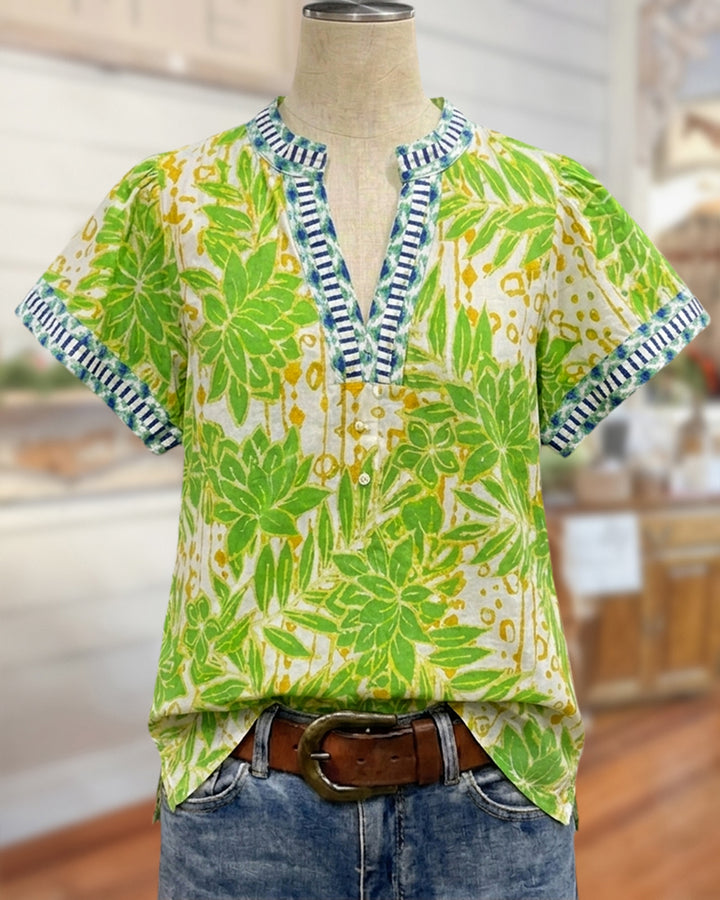 Contrast Trim V Neck Button Placket Printed Short Sleeve Blouse