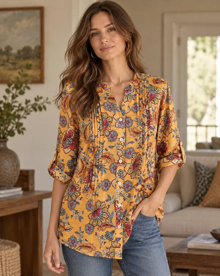 Pleated Front Floral Print 3/4 Sleeve Blouse