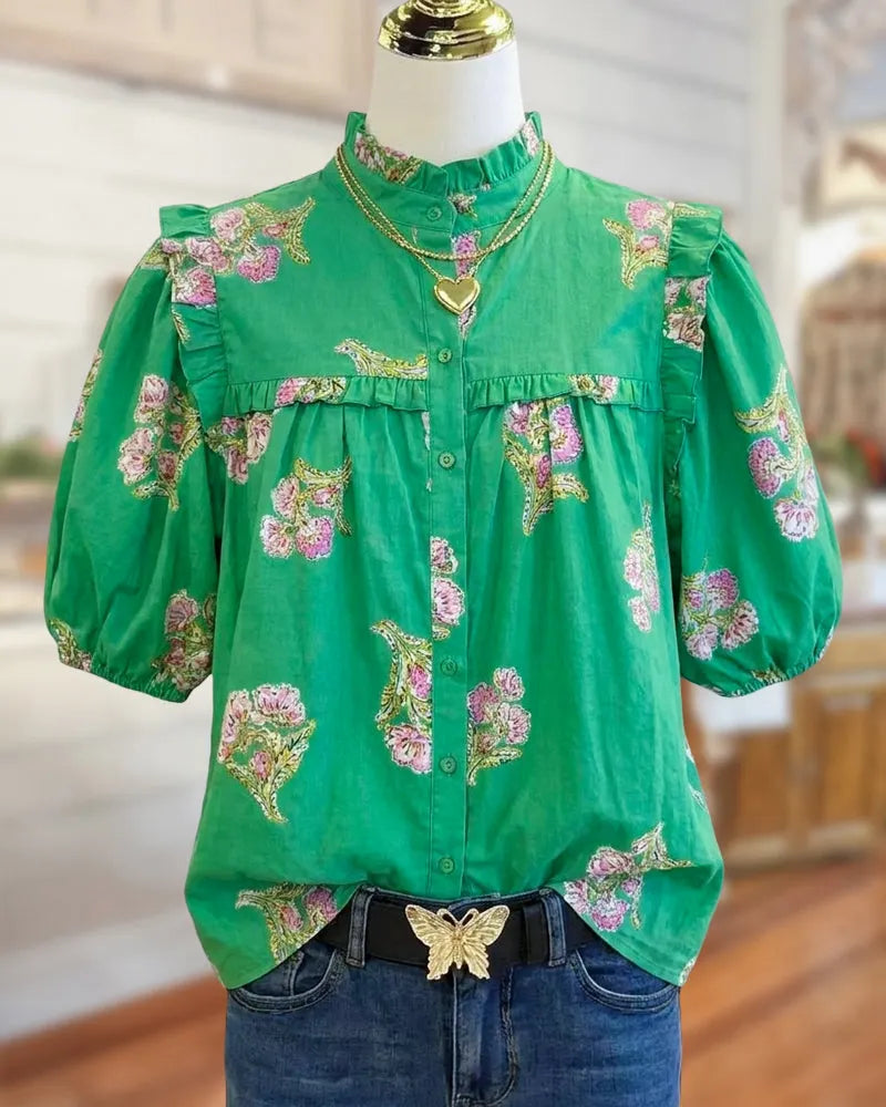 Floral Print Ruffled Stand Collar Puff Sleeve Button Front Blouse
