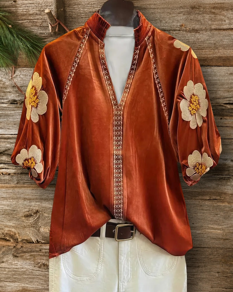 Floral Print Velvet Elegant Puff Sleeve T-Shirt