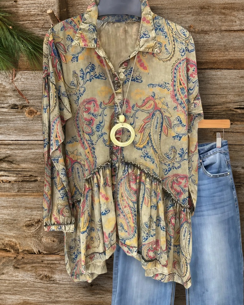 Paisley Bohemia Button Down Peplum Blouse