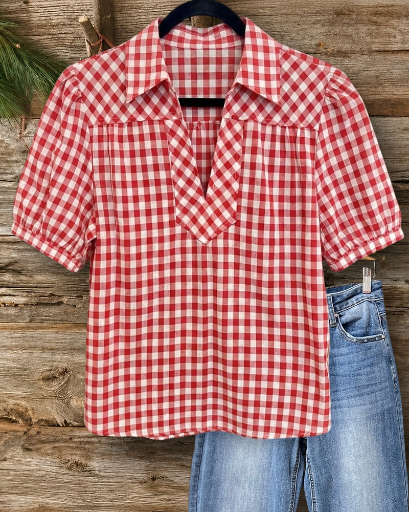 Collared Gingham Puff Sleeve V-neck Relaxed Fit Casual Blouse