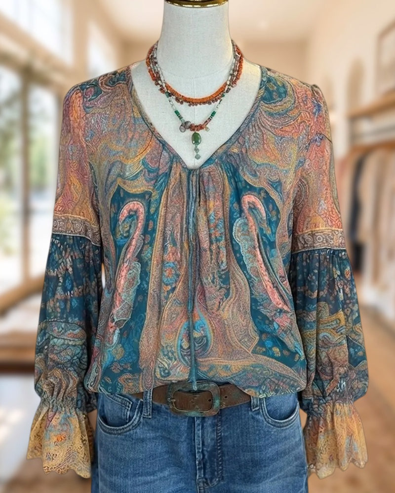 Paisley Print V Neck Tie Front Flare Sleeve Blouse
