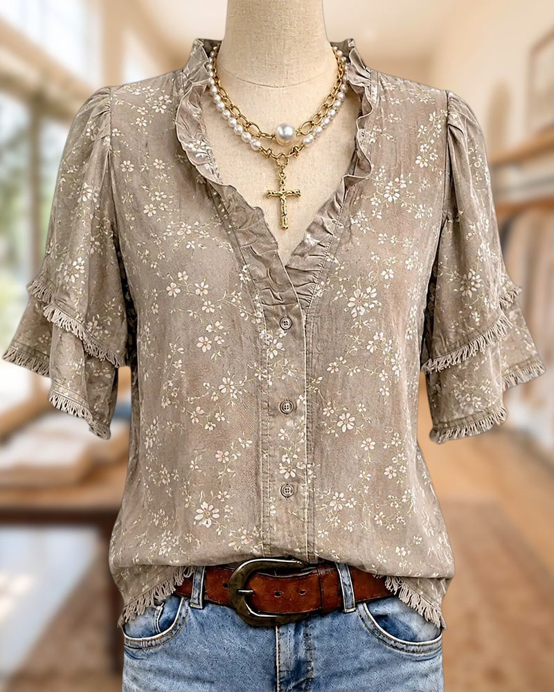 Floral Print Ruffled V Neck Button Front Tassels Trim Blouse