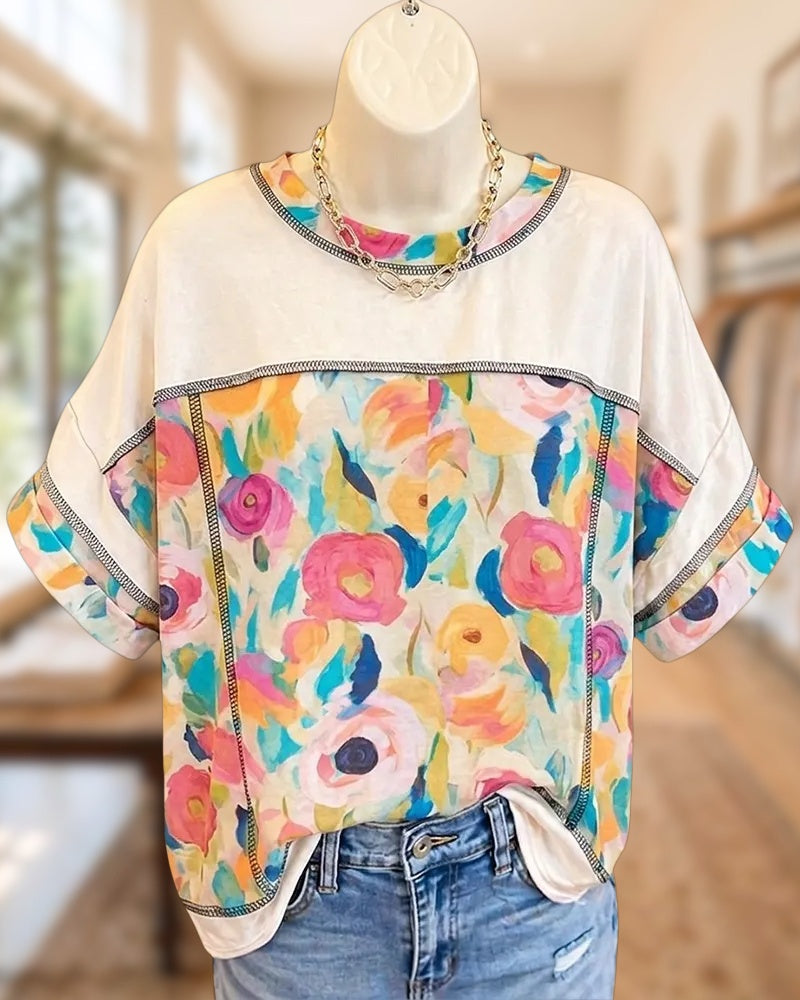 Paneled Floral Print Contrast Stitch Loose Short Sleeve Blouse