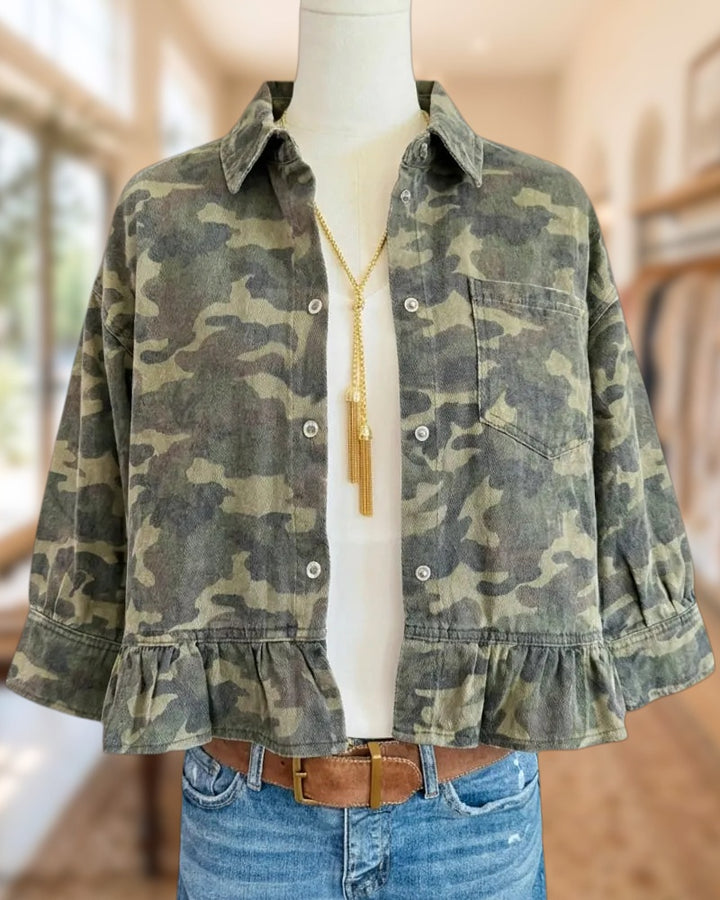 Camo Print Ruffle Hem Button Down Collared Long Sleeve Shirt