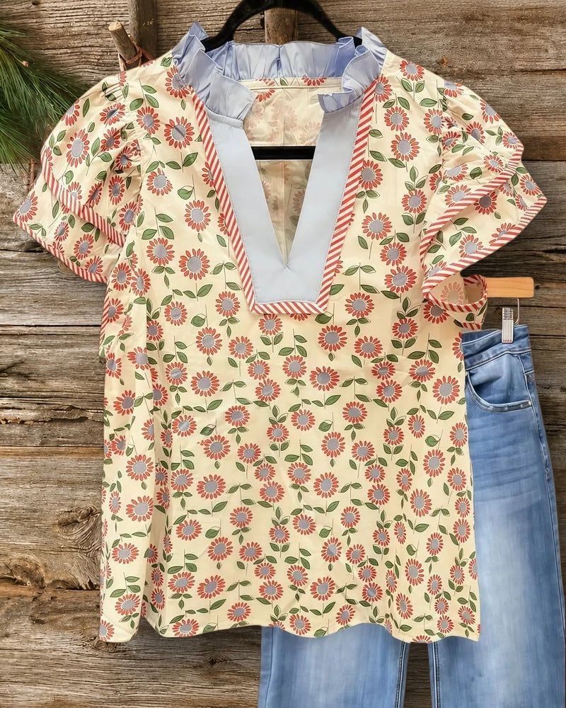 Floral Print Piping Tiered Sleeve Feminine T-Shirt